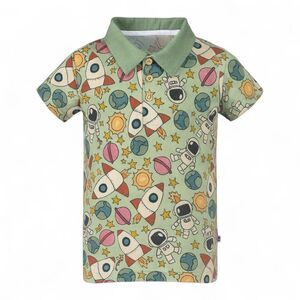 Bums & Roses Bamboo Polo Shirt Green Space Print Short Sleeve 4T Spacecore